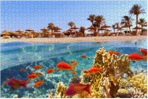 Puzzles for Adults 1000 Pieces Tropical Coral Reef Fish Beach Palms Sun umbrelas Red Sea Egypt Wooden Jigsaw Puzzles Challenging Fun Educational Family Games Kid Toys Art Work Gift Home Decor