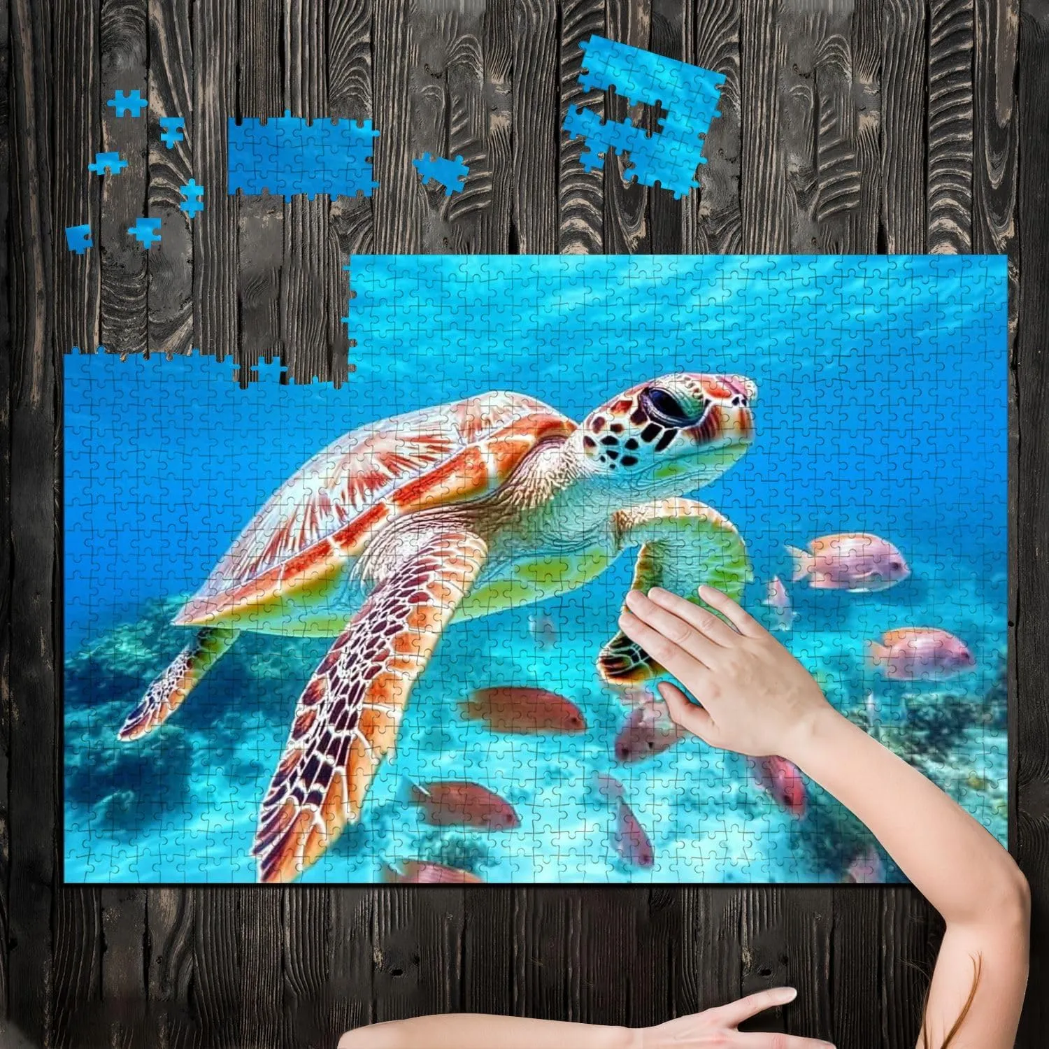 Puzzles for Adults 1000 Pieces Turtle Swimming Fish Wooden Jigsaw Puzzles Challenging Fun Educational Family Games Kid Toys Art Work Gift Home Decor