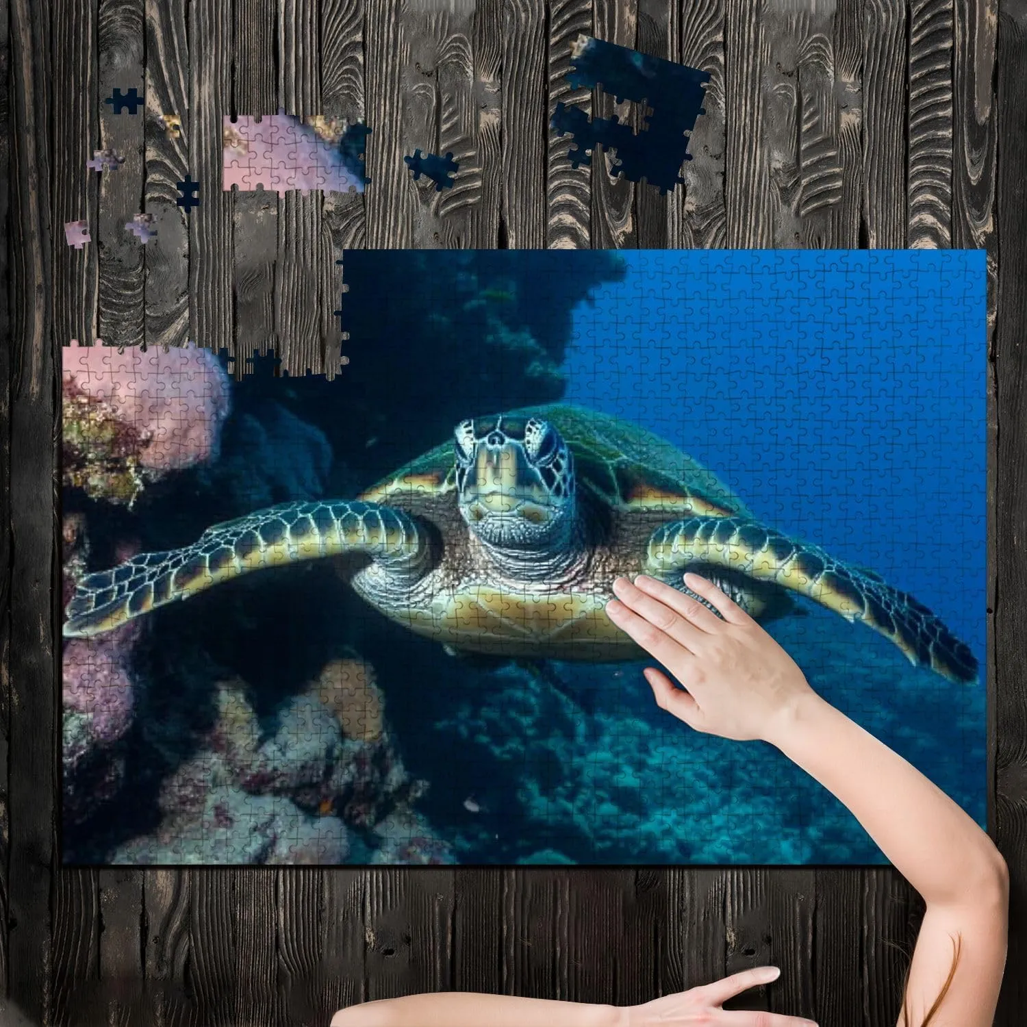 Puzzles for Adults 1000 Pieces Two Sea Turtles Swim Tandem Matching Fish Reef Wooden Jigsaw Puzzles Challenging Fun Educational Family Games Kid Toys Art Work Gift Home Decor