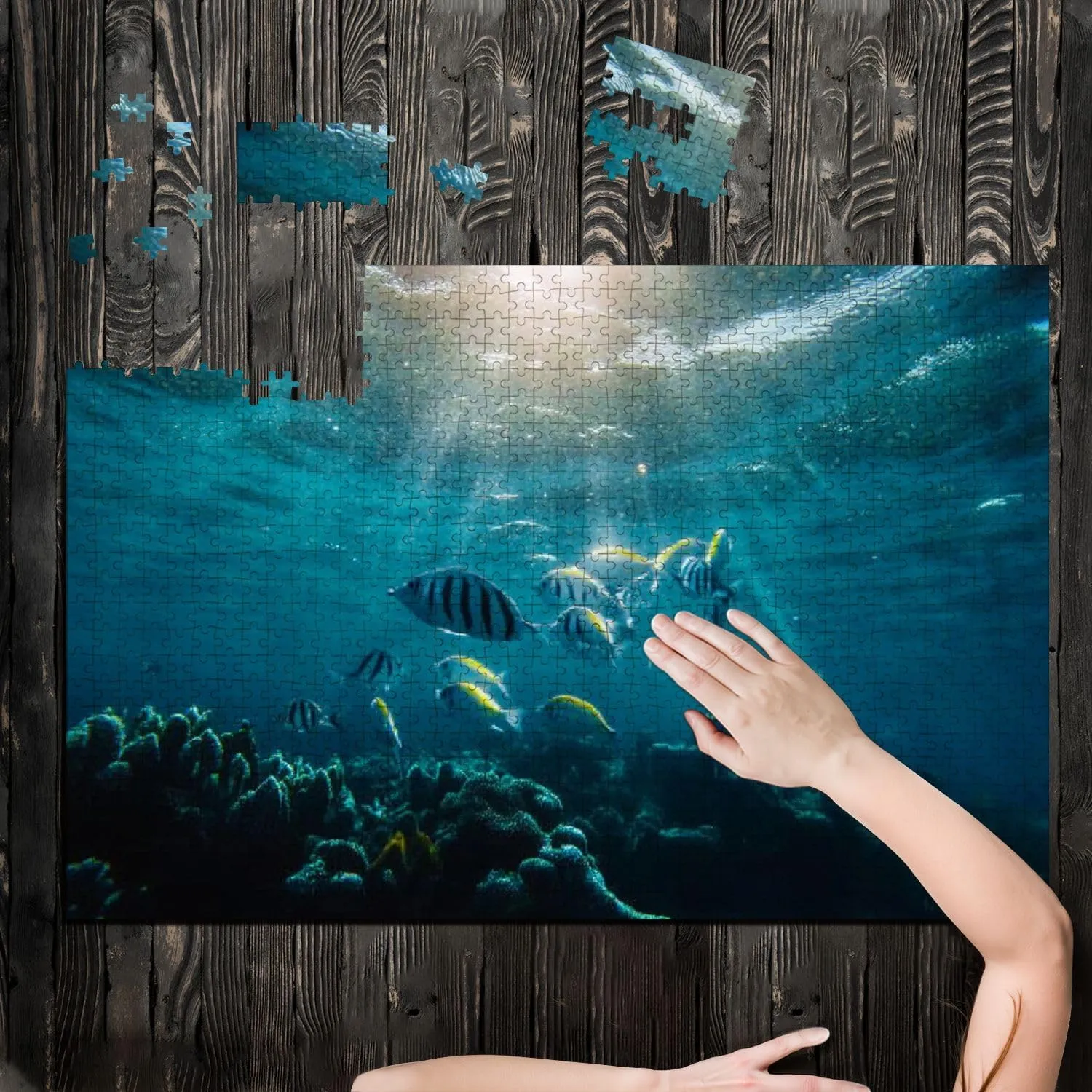 Puzzles for Adults 1000 Pieces Underwater World School Fish Swim Above Coral Sun Light Wooden Jigsaw Puzzles Challenging Fun Educational Family Games Kid Toys Art Work Gift Home Decor