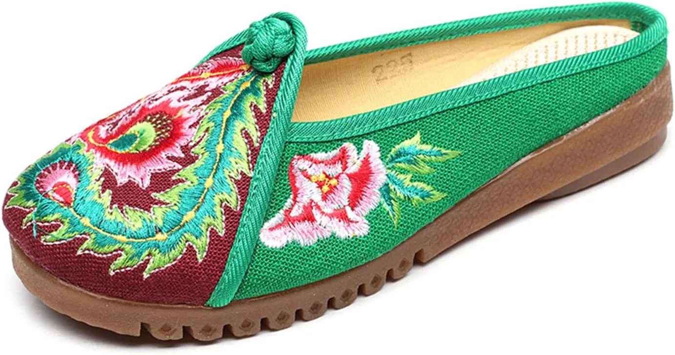 Qhome Women's Floral Embroidery Comfortable Casual Canvas Mules House Slippers Oxford Shoes