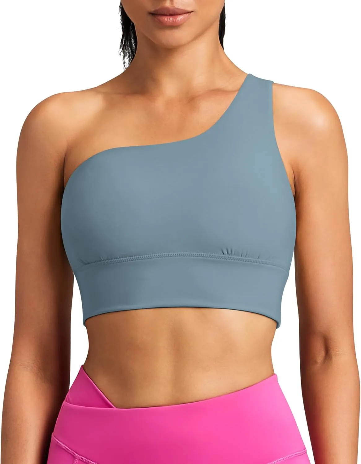 QUEENIEKE Womens One Shoulder Sports Bra Workout Strap Yoga Bras Cute Low Support Tops