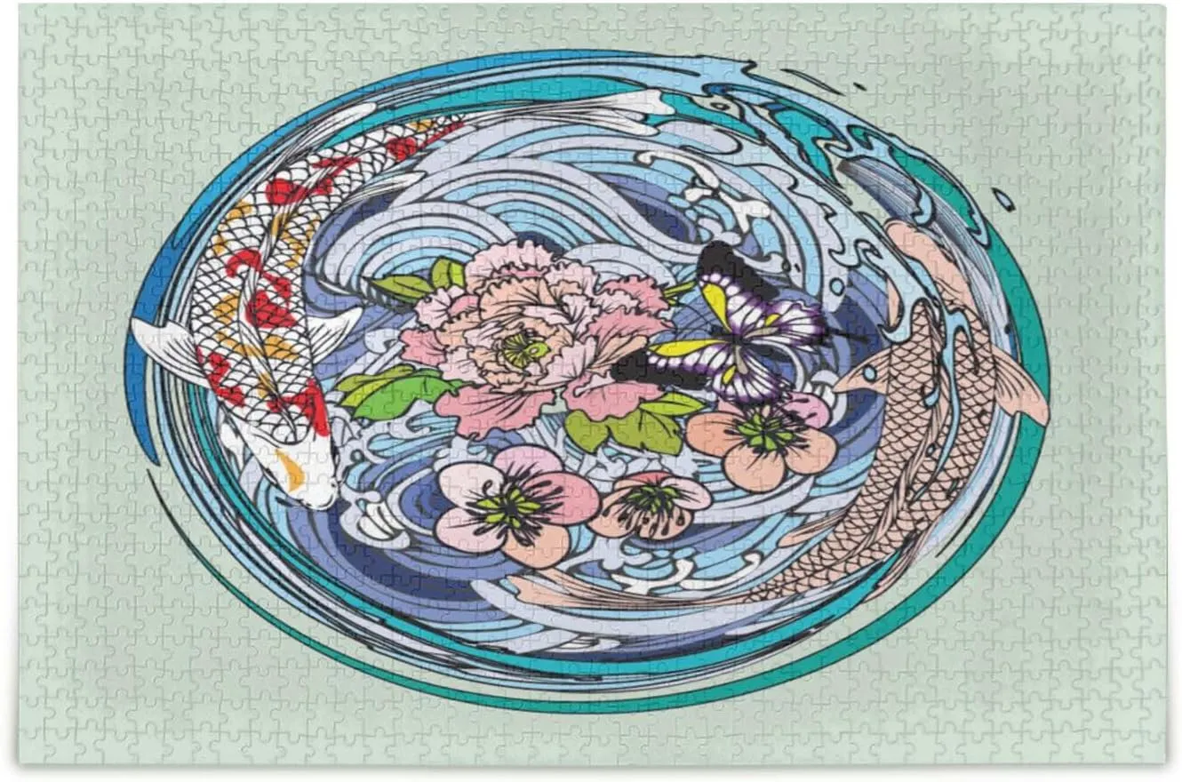 QUGRL Koi Fish Butterflies Flower Jigsaw Puzzle 1000 Pieces for Adults Teens Japanese Water Circle DIY Wall Art Intellectual Decompressing Educational Fun Game