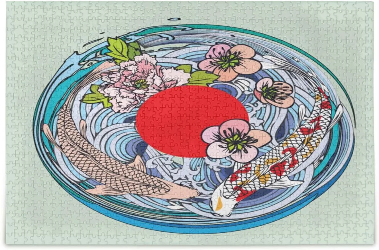 QUGRL Koi Fish Flower Blossoms Jigsaw Puzzle 1000 Pieces for Adults Teens Red Circle Water DIY Wall Art Intellectual Decompressing Educational Fun Game