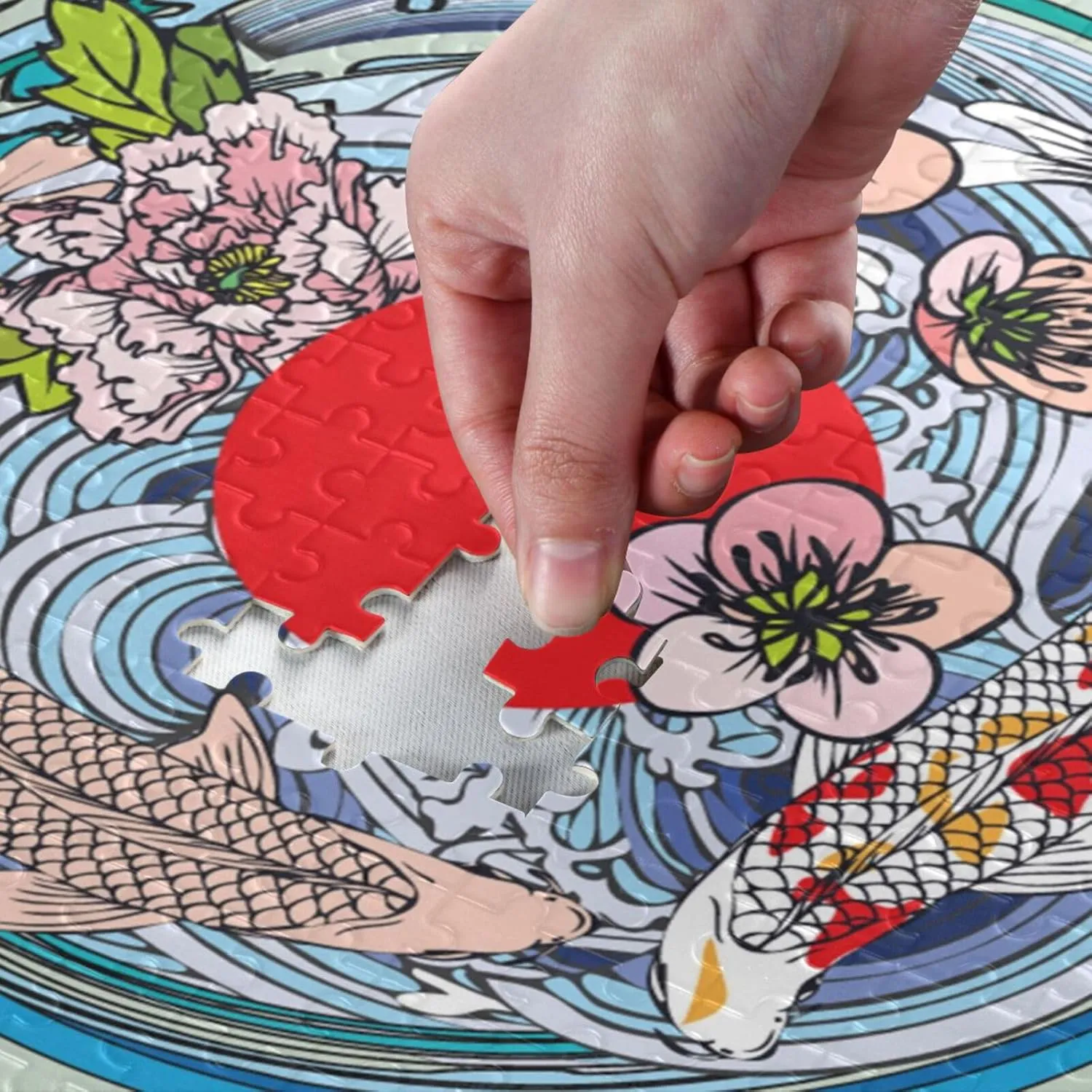 QUGRL Koi Fish Flower Blossoms Jigsaw Puzzle 1000 Pieces for Adults Teens Red Circle Water DIY Wall Art Intellectual Decompressing Educational Fun Game