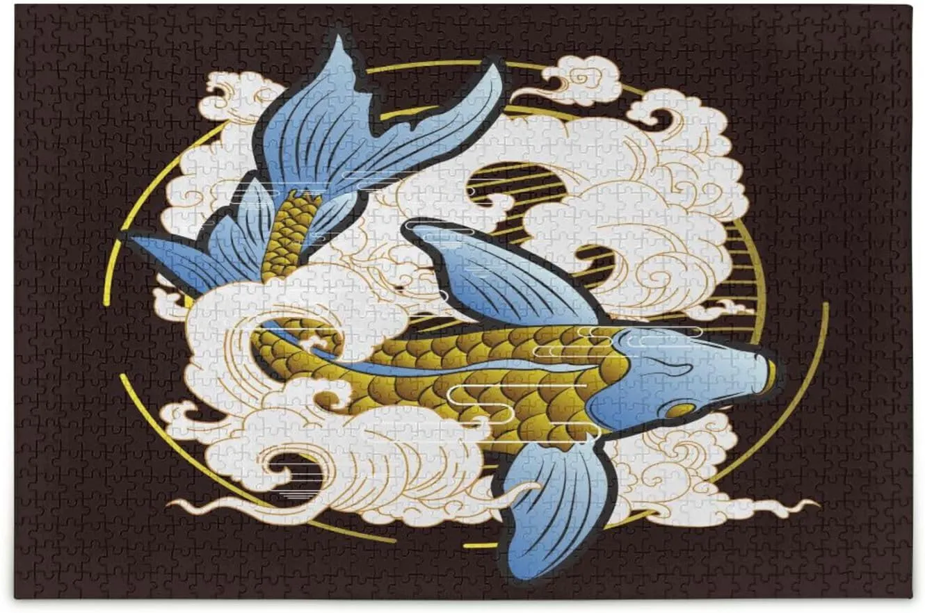 QUGRL Koi Fish Japanese Jigsaw Puzzle 1000 Pieces for Adults Teens Cartoon Cloud DIY Wall Art Intellectual Decompressing Educational Fun Game
