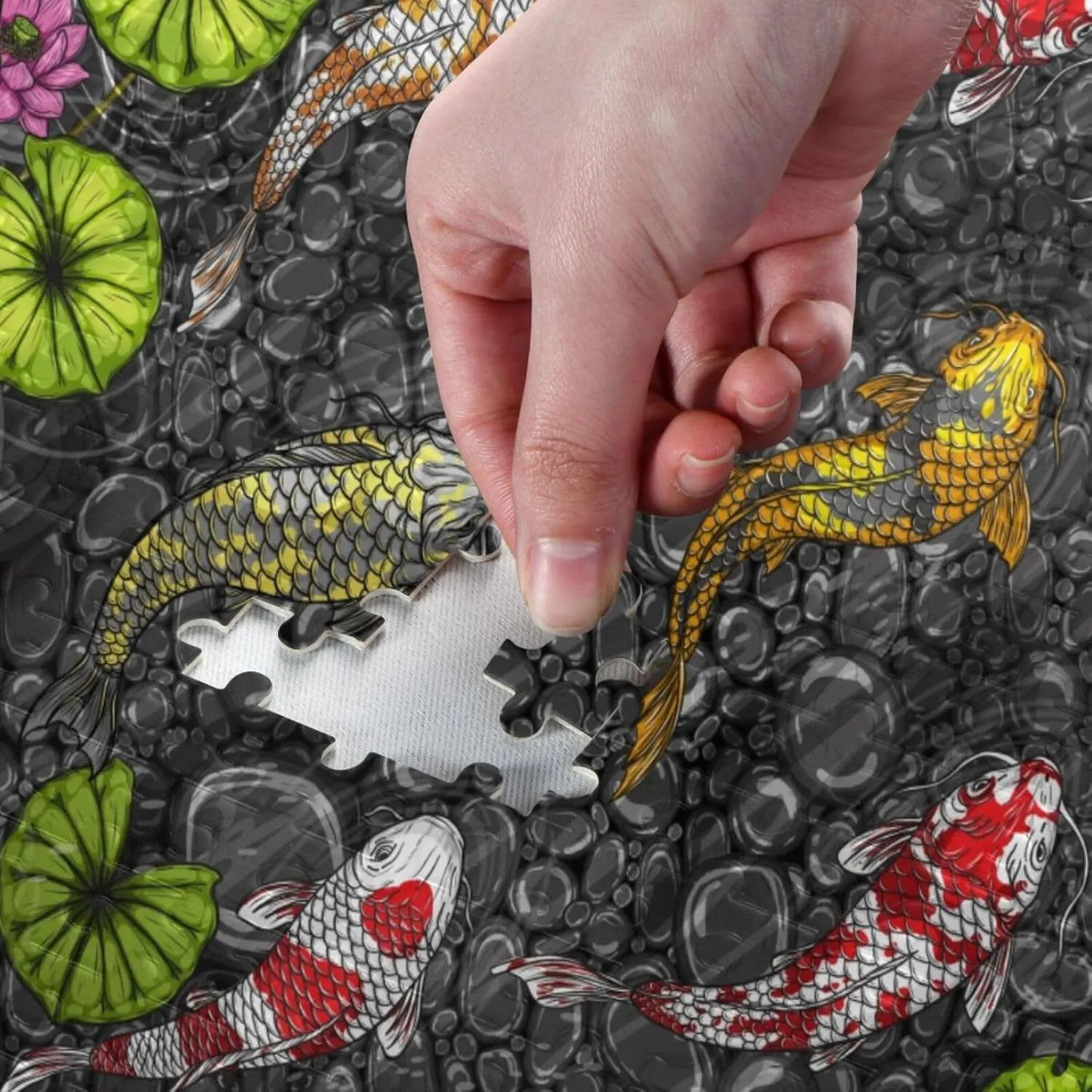 QUGRL Koi Fish Lotus Japanese Jigsaw Puzzle 1000 Pieces for Adults Teens Cartoon Pool DIY Wall Art Intellectual Decompressing Educational Fun Game