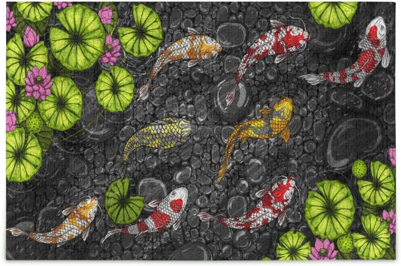 QUGRL Koi Fish Lotus Japanese Jigsaw Puzzle 1000 Pieces for Adults Teens Cartoon Pool DIY Wall Art Intellectual Decompressing Educational Fun Game