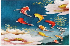 QUGRL Koi Fish Lotus Jigsaw Puzzle 1000 Pieces for Adults Teens Japanese Flower DIY Wall Art Intellectual Decompressing Educational Fun Game