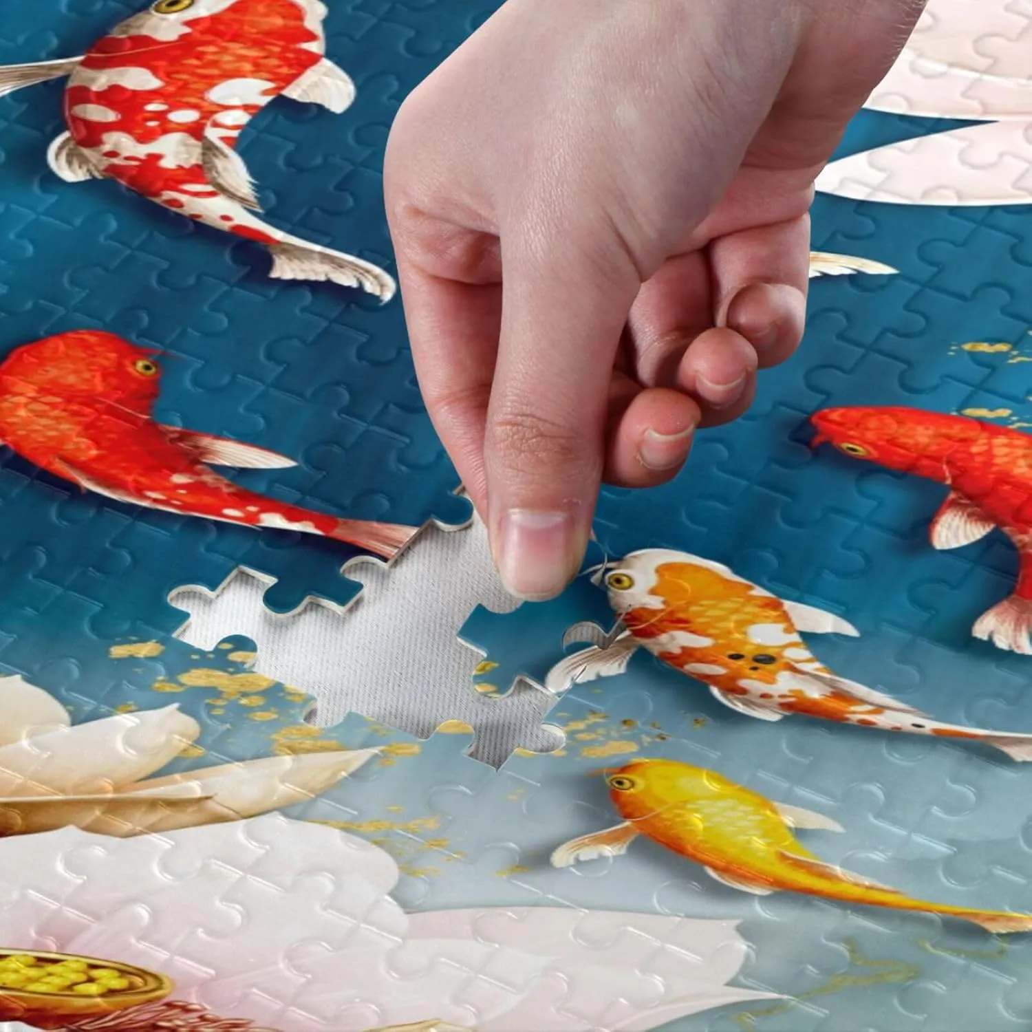 QUGRL Koi Fish Lotus Jigsaw Puzzle 1000 Pieces for Adults Teens Japanese Flower DIY Wall Art Intellectual Decompressing Educational Fun Game