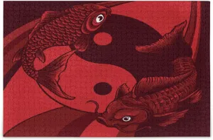 QUGRL Koi Fish Yinyang Red Jigsaw Puzzle 1000 Pieces for Adults Teens Japanese DIY Wall Art Intellectual Decompressing Educational Fun Game
