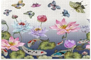 QUGRL Lotus Koi Fish Japanese Jigsaw Puzzle 1000 Pieces for Adults Teens Lotus Koi Fish Japanese DIY Wall Art Intellectual Decompressing Educational Fun Game