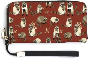 Raccoon Cute Fluffy Beast PU Long Wallet Fashionable Clutch Purse Mini Handbag with Wristlet Strap Zipper for Women