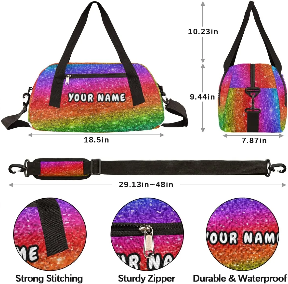 Rainbow Pattern Personalized Kids Duffel Bag for Girls Boys, Rainbow Debris Custom Name Dance Bag Overnight Small Duffel Bag Carry On Weekend Sports Travel Bag for School Practice Gymnastics Ballet