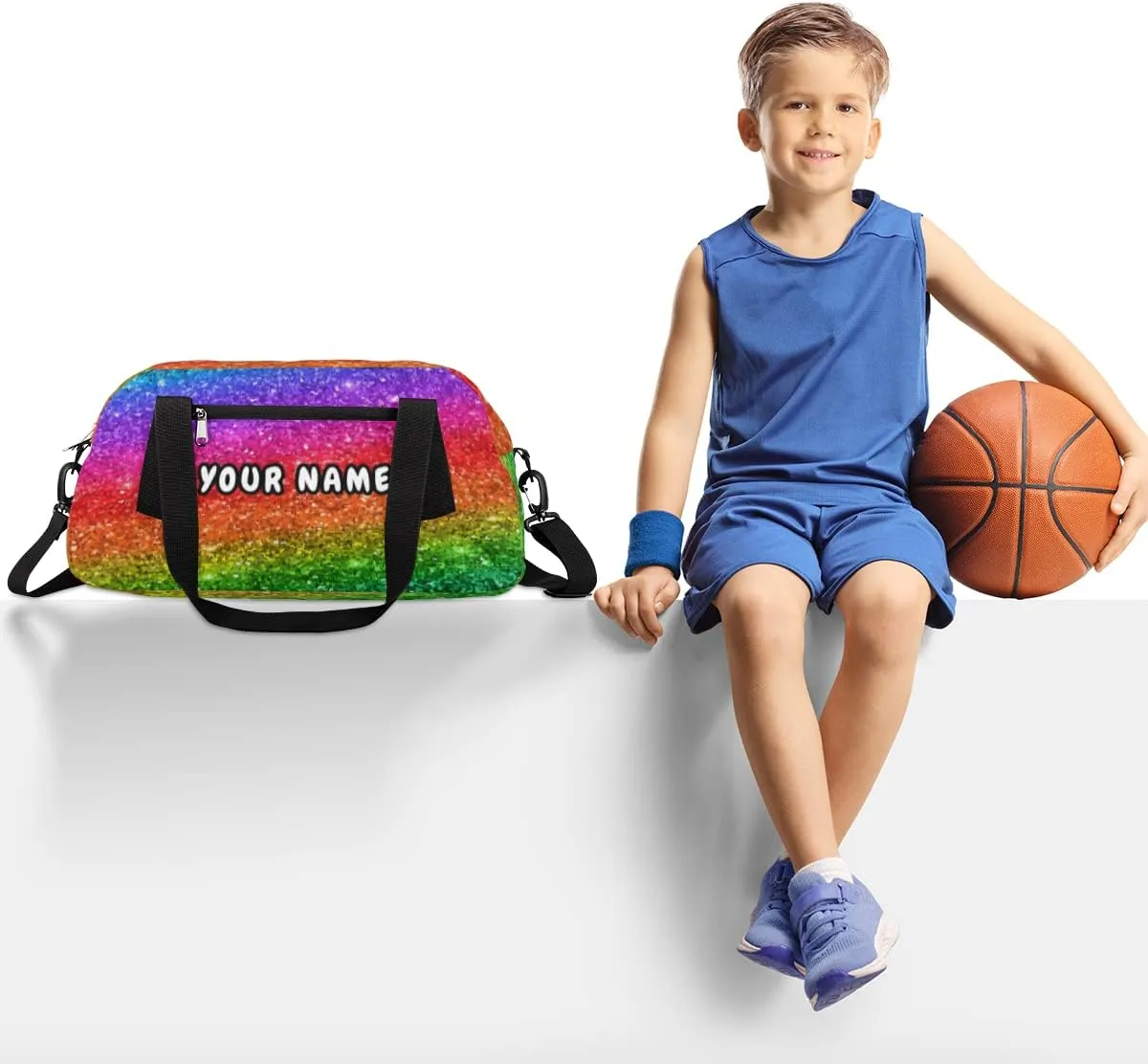 Rainbow Pattern Personalized Kids Duffel Bag for Girls Boys, Rainbow Debris Custom Name Dance Bag Overnight Small Duffel Bag Carry On Weekend Sports Travel Bag for School Practice Gymnastics Ballet