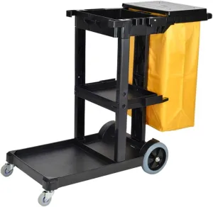 RANRANJJ Commercial Traditional Janitorial 3-Shelf Cart, Wheeled with Zippered Yellow Vinyl Bag, Black