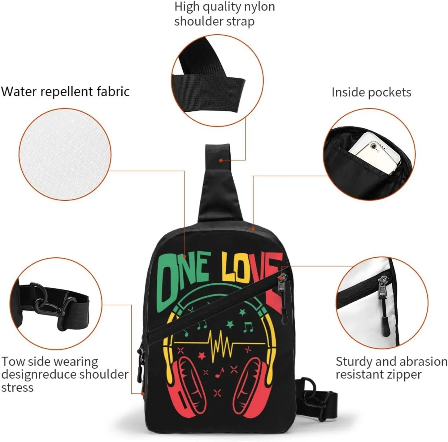 Rasta Reggae Headphones Music Headset Jamaican Portable Sling Bags Packable Crossbody Bag Foldable Sport Daypack Reusable Shoulder Backpack Diagonally Chest Bag for Workout Travel