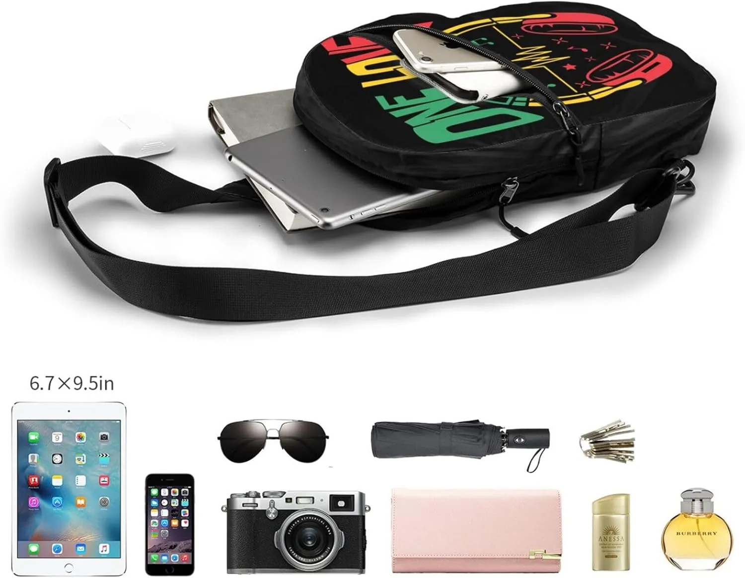 Rasta Reggae Headphones Music Headset Jamaican Portable Sling Bags Packable Crossbody Bag Foldable Sport Daypack Reusable Shoulder Backpack Diagonally Chest Bag for Workout Travel