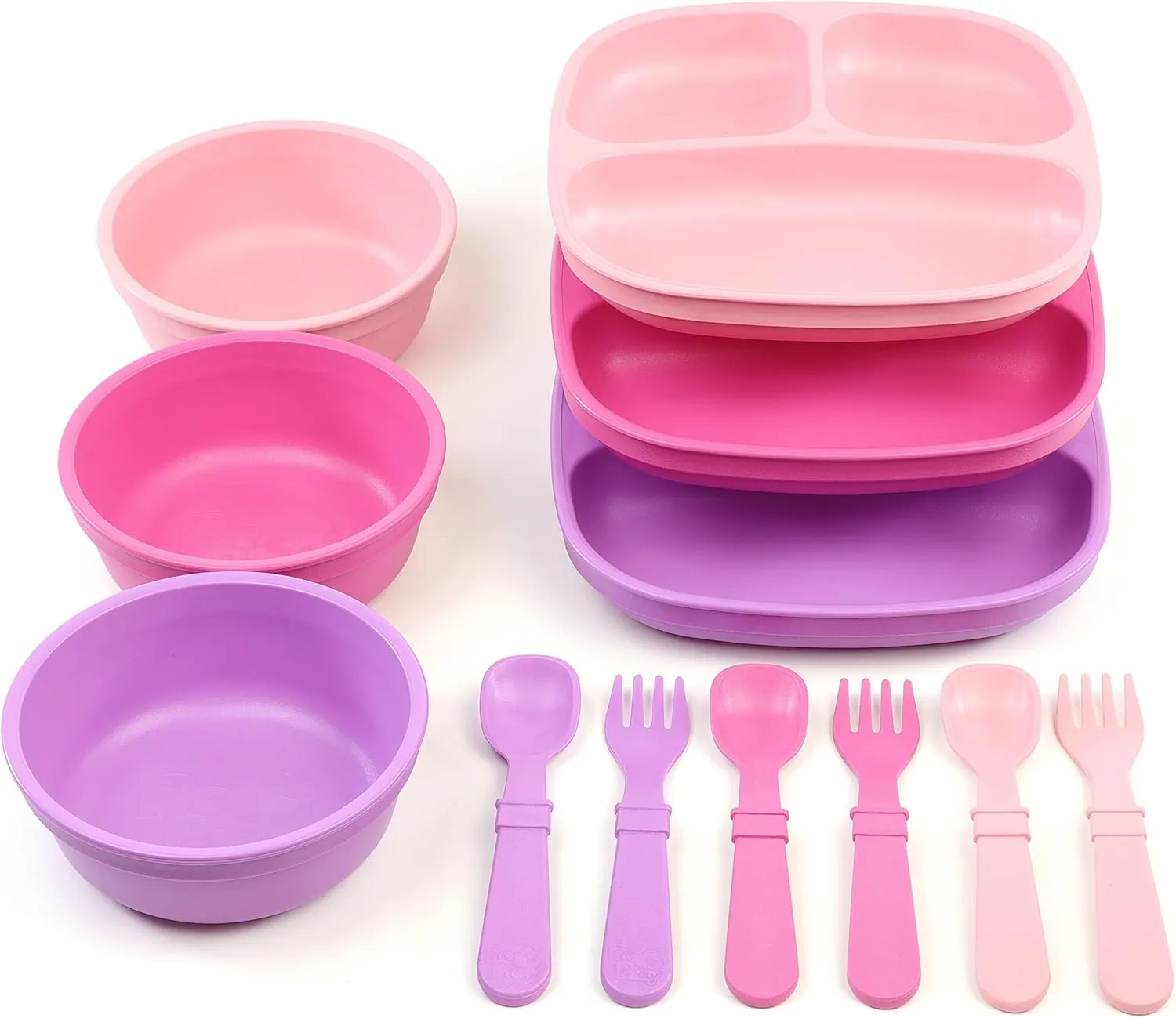 Re-play 3 Divided Toddler Plates, 3 Utensils Set and 3 Wide Base Bowls - Dishwasher and Microwave Safe - Made in USA - Princess