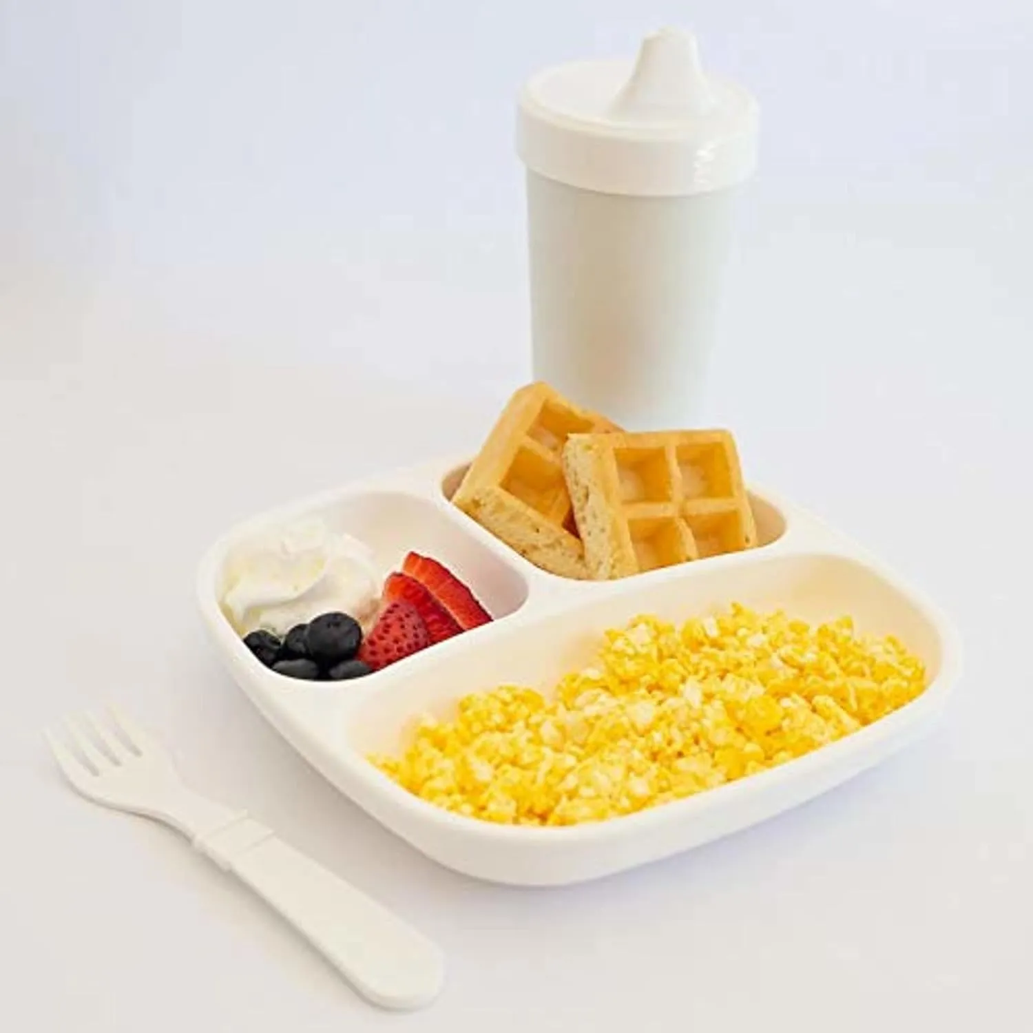 Re-Play 3x3 Divided Toddler Plates and Utensils Set - Toddler Forks and Spoons Set - Dishwasher and Microwave Safe - Made in USA - Modern Pink