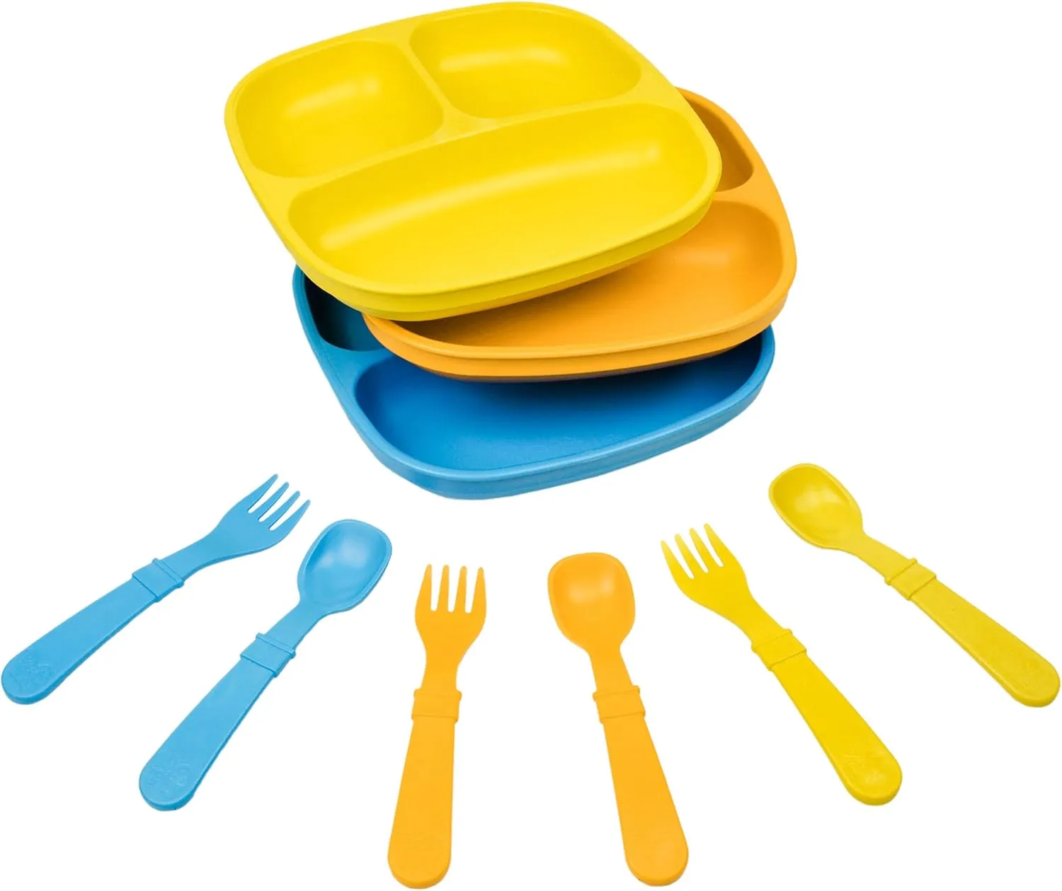Re-Play 3x3 Divided Toddler Plates and Utensils Set - Toddler Forks and Spoons Set - Dishwasher and Microwave Safe - Made in USA - Spring