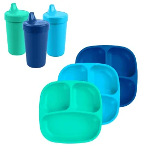 Re-Play Sippy Cups for Toddlers - 10 Oz. Reusable Spill Proof Cups for Kids, Dishwasher/Microwave Safe - Made in USA - Set of 3-3.13" x 6.25" and Plates with Dividers - A True Blue