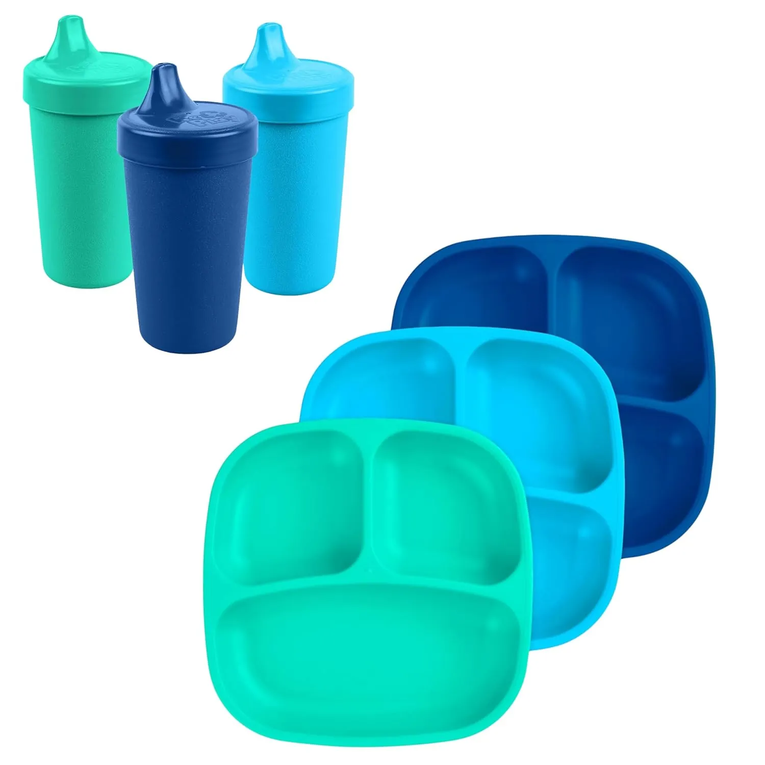 Re-Play Sippy Cups for Toddlers - 10 Oz. Reusable Spill Proof Cups for Kids, Dishwasher/Microwave Safe - Made in USA - Set of 3-3.13" x 6.25" and Plates with Dividers - A True Blue