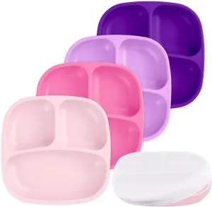 Re-Play Toddler Plates with Dividers & Silicone Lid - Deep-Walled 3 Compartments Divided Plates for Kids - Dishwasher/Microwave Safe - Made in USA - Set of 4-7.37" x 7.37" x 1.25" - Princess