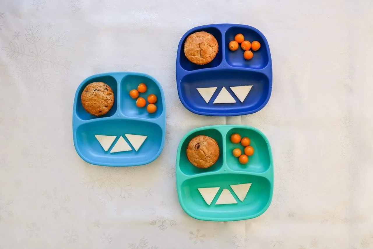 Re-Play Toddler Plates with Dividers - Deep-Walled 3 Compartments Divided Plates for Kids - Dishwasher & Microwave Safe - Made in USA - Set of 3-7.37" x 7.37" x 1.25" - A True Blue