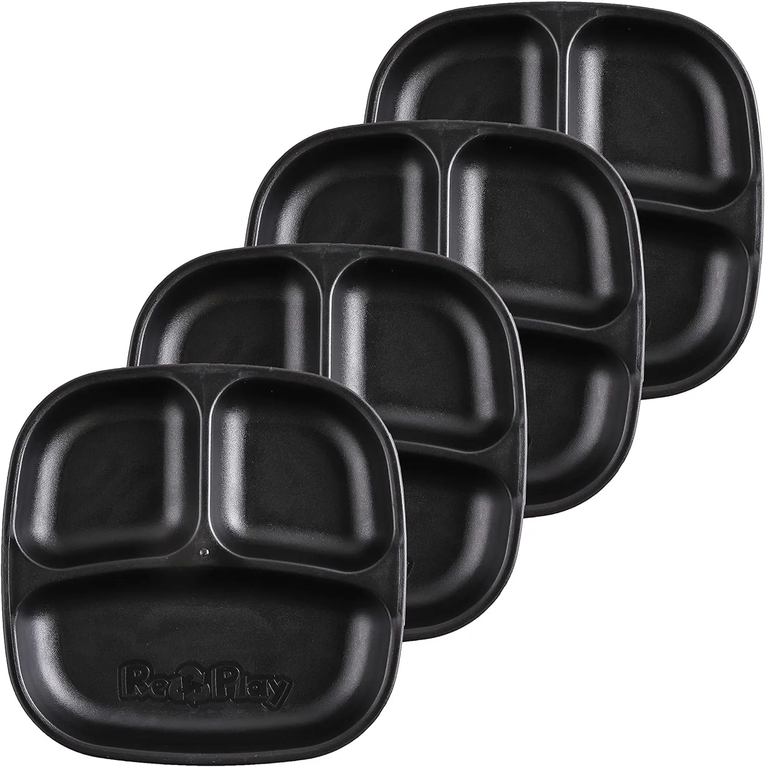 Re-Play Toddler Plates with Dividers - Deep-Walled 3 Compartments Divided Plates for Kids - Dishwasher & Microwave Safe - Made in USA - Set of 4-7.37" x 7.37" x 1.25" - Black