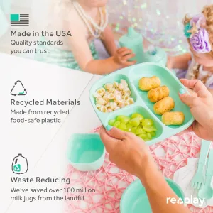 Re-Play Toddler Plates with Dividers - Deep-Walled 3 Compartments Divided Plates for Kids - Dishwasher & Microwave Safe - Made in USA - Set of 4-7.37" x 7.37" x 1.25" - Denim