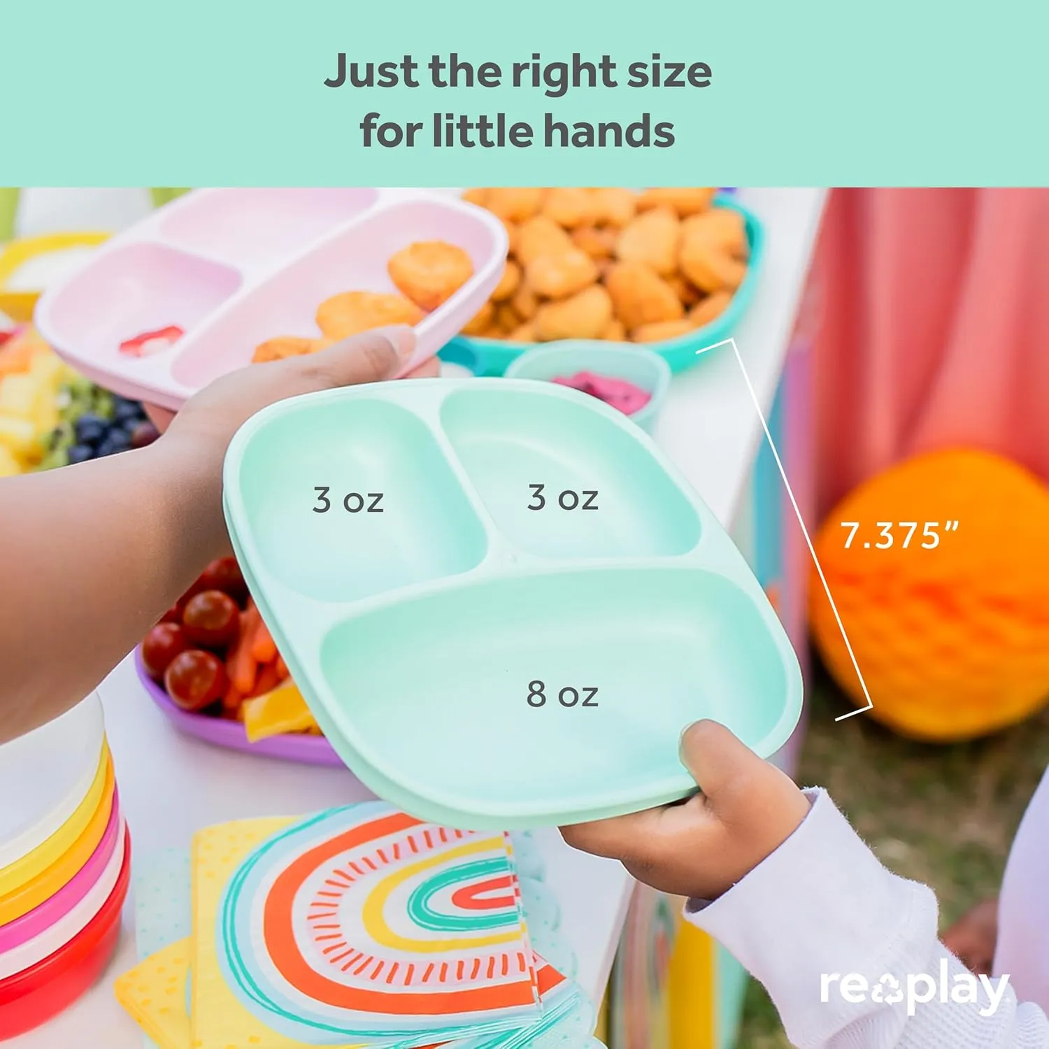 Re-Play Toddler Plates with Dividers - Deep-Walled 3 Compartments Divided Plates for Kids with 3 Lids - Dishwasher & Microwave Safe - Made in USA - Set of 3-7.37" x 7.37" x 1.25" - Berry