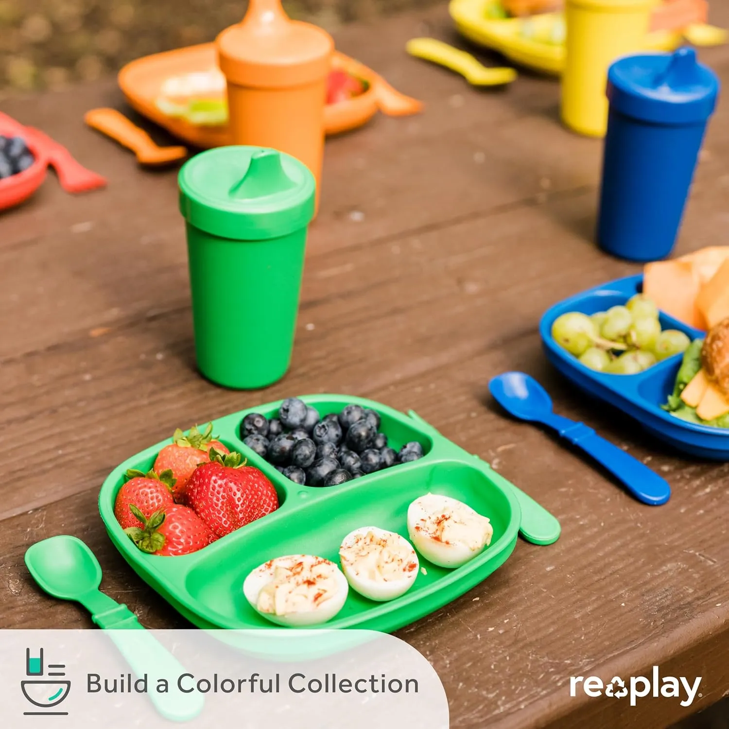 Re-Play Toddler Plates with Dividers - Deep-Walled 3 Compartments Divided Plates for Kids with 3 Lids - Dishwasher & Microwave Safe - Made in USA - Set of 3-7.37" x 7.37" x 1.25" - Berry