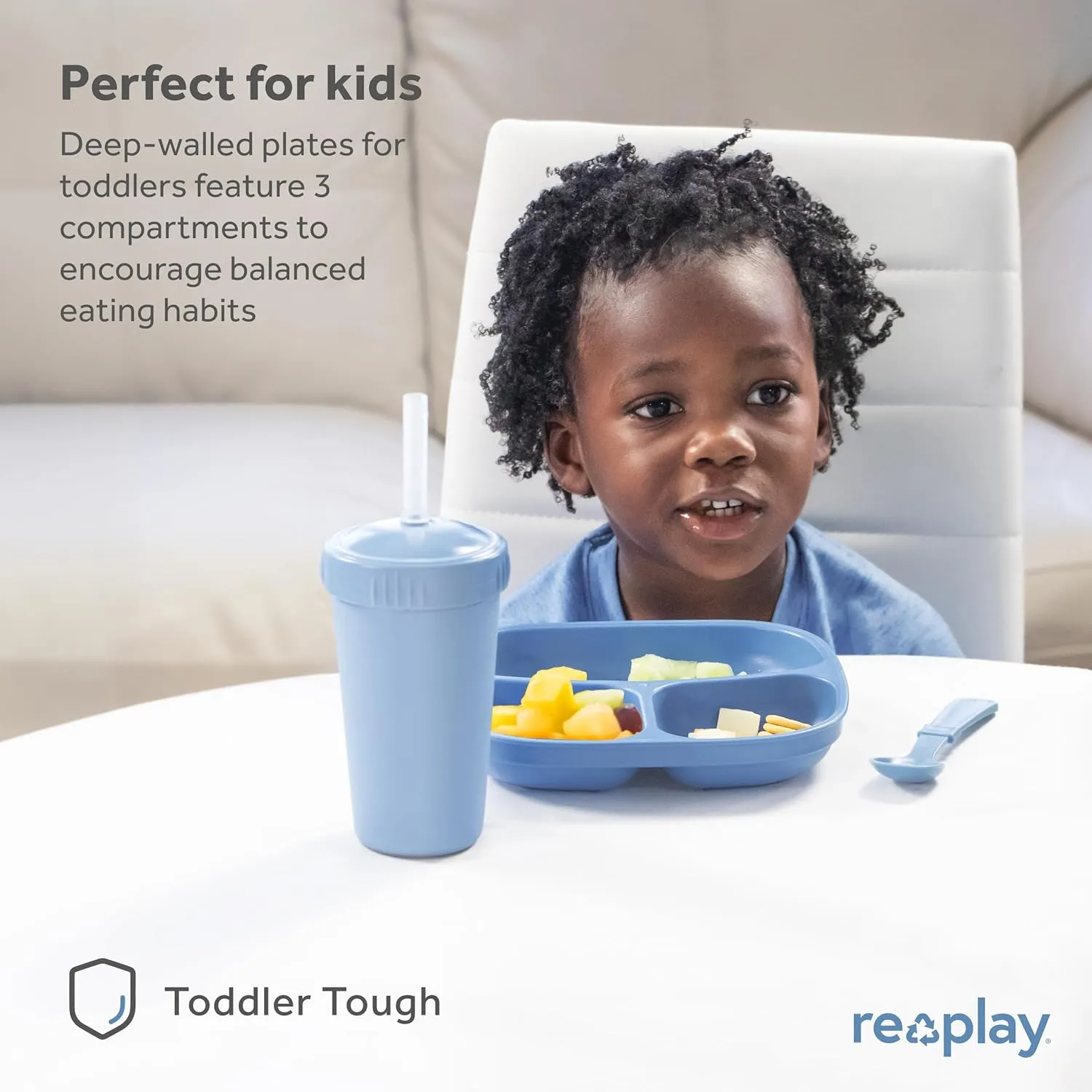 Re-Play Toddler Plates with Dividers - Deep-Walled 3 Compartments Divided Plates for Kids with 3 Lids - Dishwasher & Microwave Safe - Made in USA - Set of 3-7.37" x 7.37" x 1.25" - Berry
