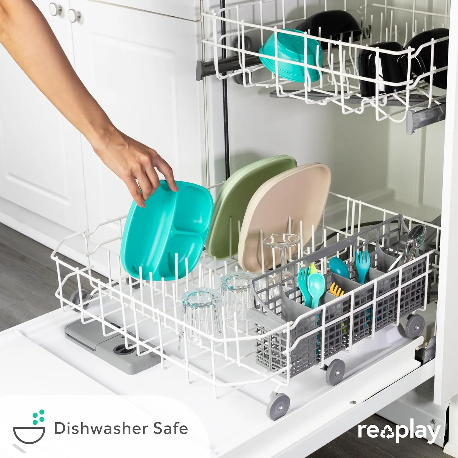 Re-Play Toddler Plates with Dividers - Deep-Walled 3 Compartments Divided Plates for Kids with 3 Lids - Dishwasher & Microwave Safe - Made in USA - Set of 3-7.37" x 7.37" x 1.25" - Bluesy