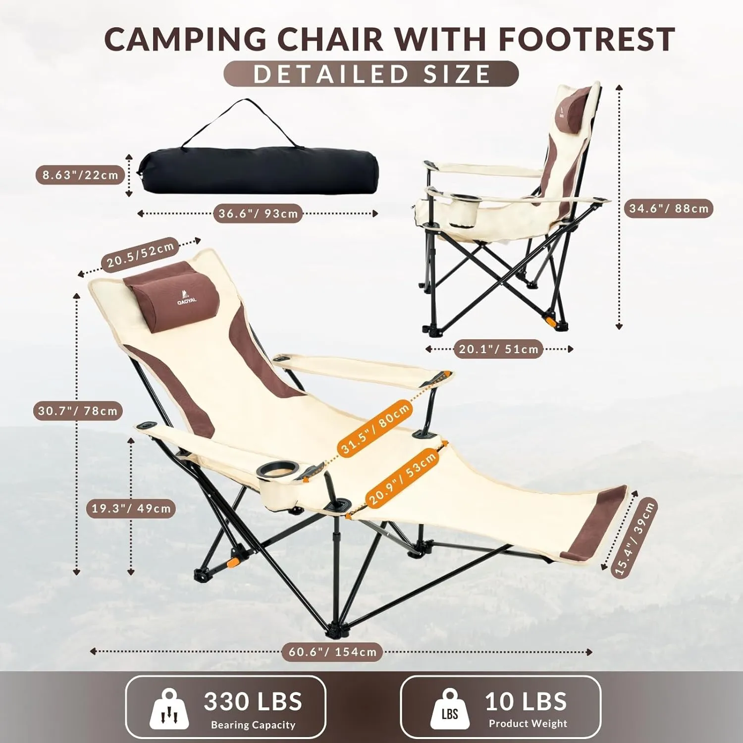 Reclining Camping Chair 4-Position Adjustable, Lightweight Folding Lounge Beach Chair for Adults with Removable Footrest & Headrest, Cup Holder & Storage Pouch for Outdoor(330lbs Capacity), Beige