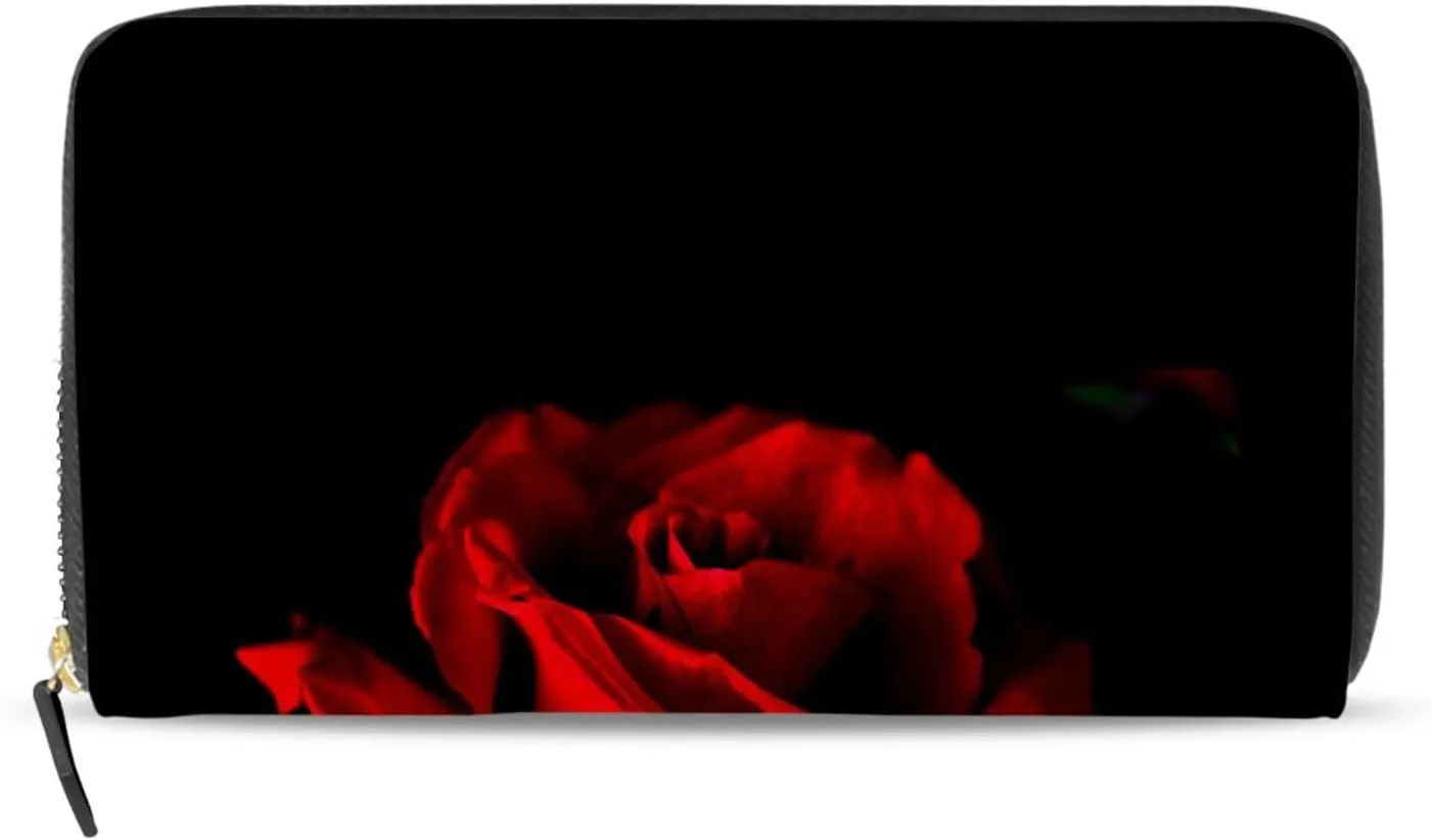 Red Rose Petal on Black Background Leather Long Wallet Organizer with Zipper Purse Clutch Bag for Women Men Key Card Coin Passport Checkbook 8 x 4 inch