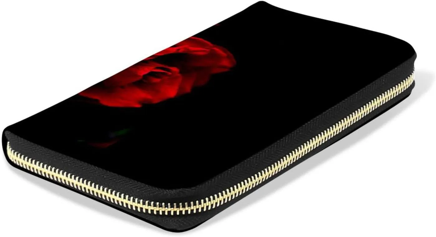 Red Rose Petal on Black Background Leather Long Wallet Organizer with Zipper Purse Clutch Bag for Women Men Key Card Coin Passport Checkbook 8 x 4 inch