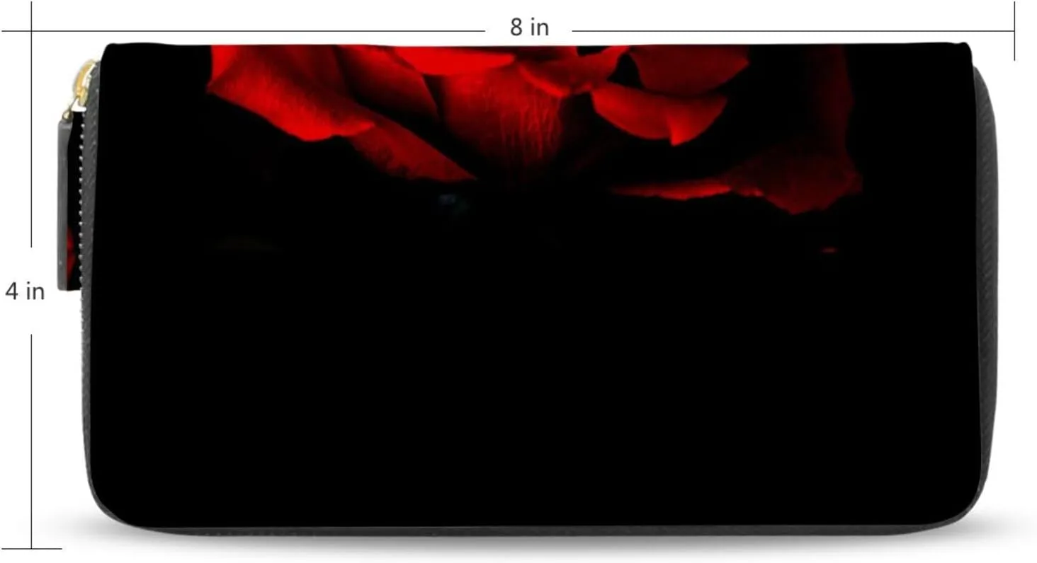 Red Rose Petal on Black Background Leather Long Wallet Organizer with Zipper Purse Clutch Bag for Women Men Key Card Coin Passport Checkbook 8 x 4 inch