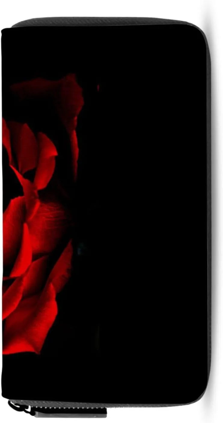 Red Rose Petal on Black Background Leather Long Wallet Organizer with Zipper Purse Clutch Bag for Women Men Key Card Coin Passport Checkbook 8 x 4 inch
