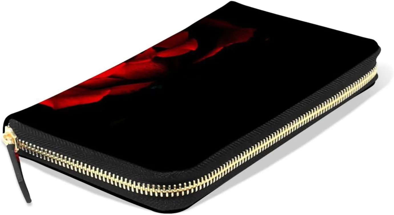 Red Rose Petal on Black Background Leather Long Wallet Organizer with Zipper Purse Clutch Bag for Women Men Key Card Coin Passport Checkbook 8 x 4 inch