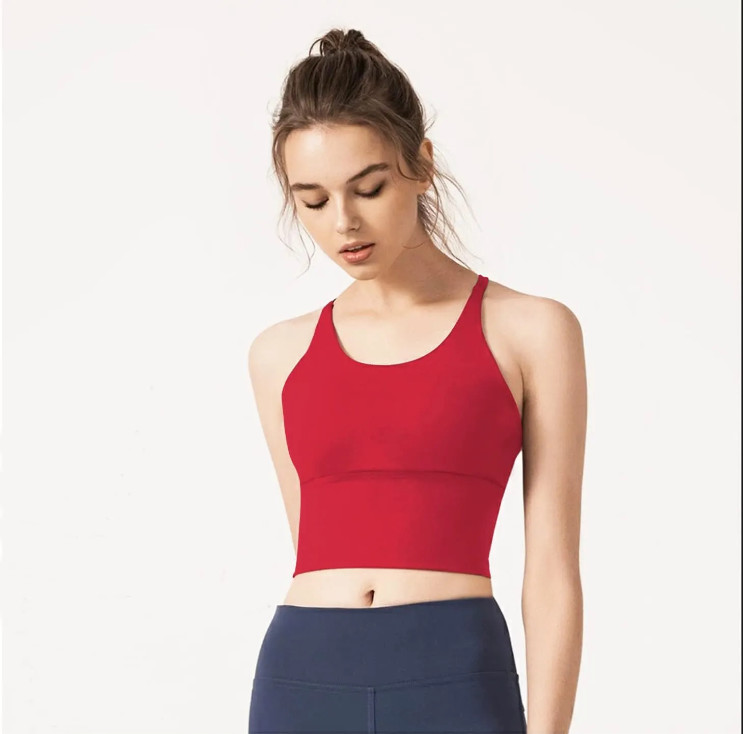 Redqenting Longline Sports Bra for Women with Removable Padded,Sexy Criss Cross Back Strappy Yoga Bras Workout Tank Tops