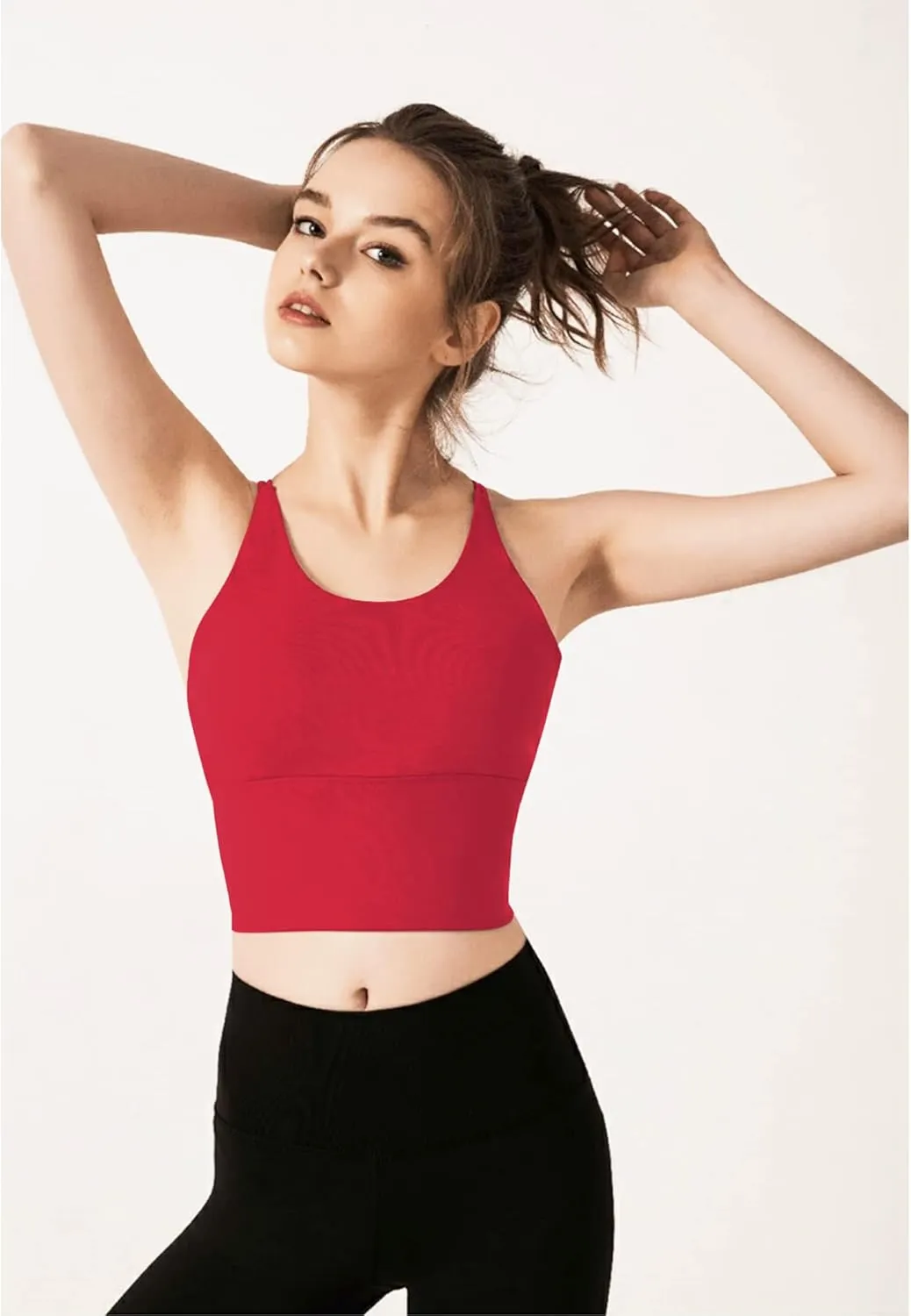 Redqenting Longline Sports Bra for Women with Removable Padded,Sexy Criss Cross Back Strappy Yoga Bras Workout Tank Tops
