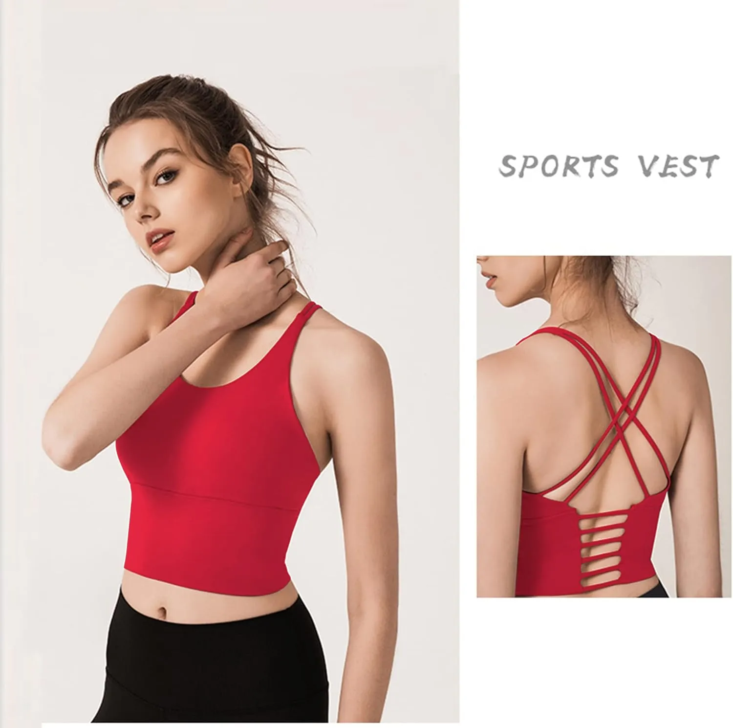 Redqenting Longline Sports Bra for Women with Removable Padded,Sexy Criss Cross Back Strappy Yoga Bras Workout Tank Tops