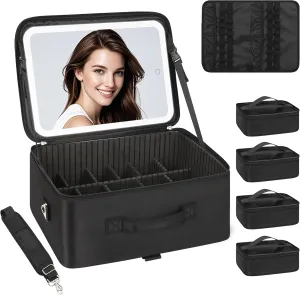 Relavel Extra Large Cosmetic Bag with LED Mirror, Train Makeup Case with Adjustable Dividers and 4 Removable Pouches, Hair Supplies Organizer, Portable Cosmetic Organizer Bag for Makeup Artists