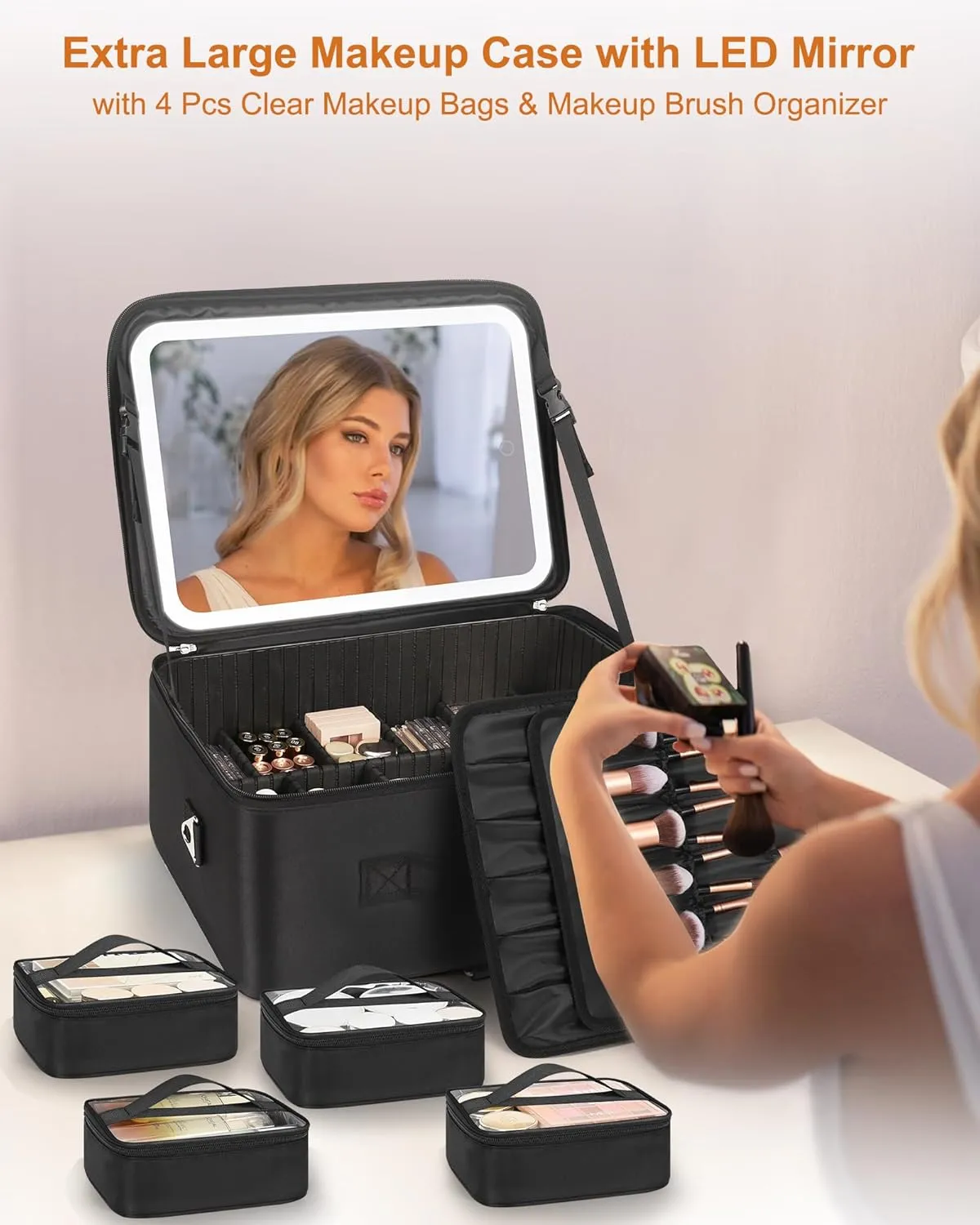 Relavel Extra Large Cosmetic Bag with LED Mirror, Train Makeup Case with Adjustable Dividers and 4 Removable Pouches, Hair Supplies Organizer, Portable Cosmetic Organizer Bag for Makeup Artists