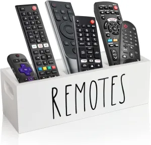 Remote Control Holder, Farmhouse Remote Storage Caddy, Bedside TV Controller Box, Rustic Wood Media Organizer Tray for Home Bedroom Table (White)