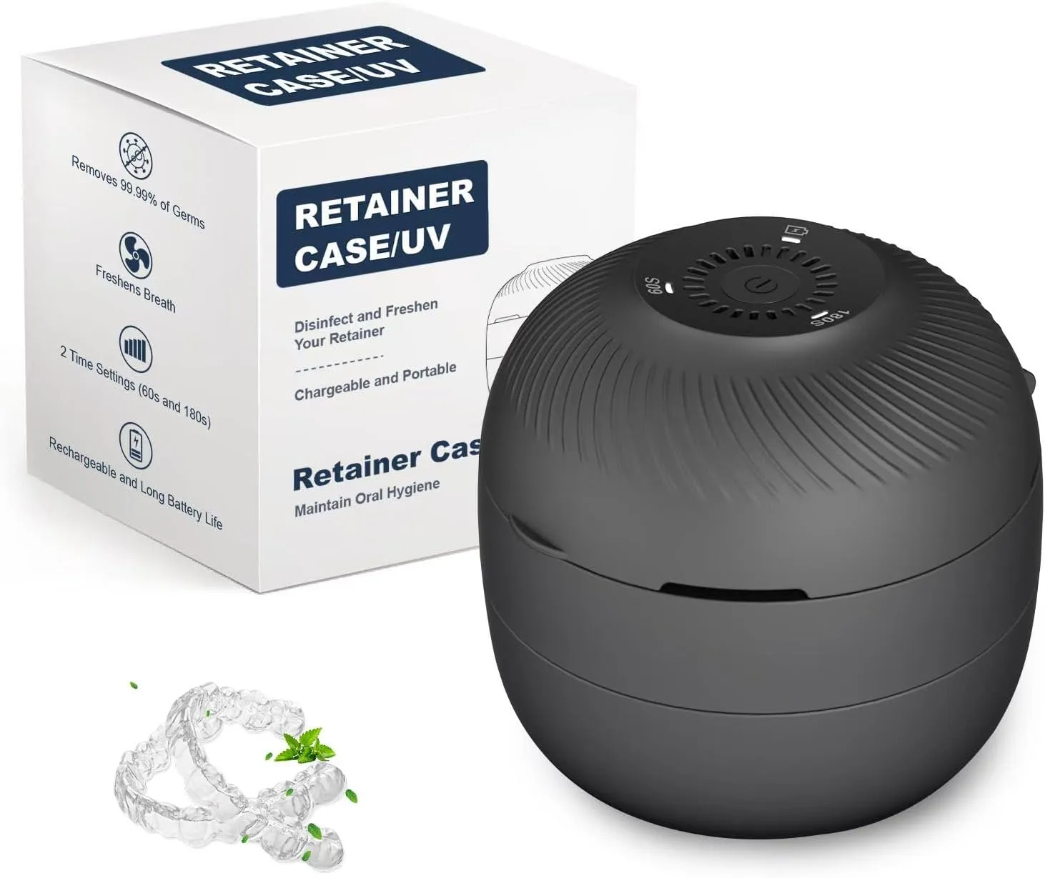 Retainer Case Denture Bath Case, Multipurpose Retainer Cleaner and Store Case with Light & Fan Functions, All-in-one Denture Bath Box for Aligner Night/Mouth Guard Denture and Pacifier