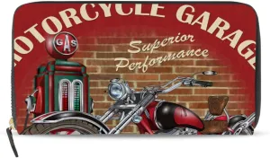Retro Motorcycle Poster Vintage Red Pattern Leather Long Wallet Organizer with Zipper Purse Clutch Bag for Women Men Key Card Coin Passport Checkbook 8 x 4 inch