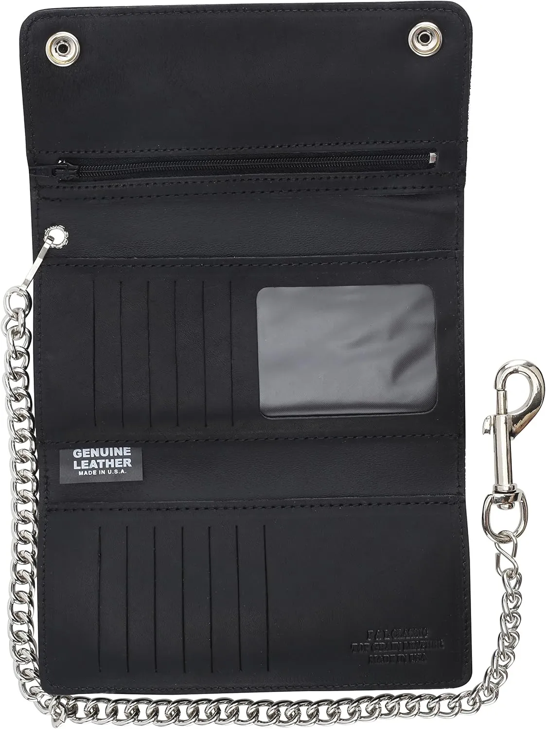 RFID Blocking Men's Tri-fold Vintage Long Style cow Leather With Chain card holder Wallet,MADE IN USA